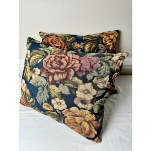 Vintage Floral Tapestry Throw Pillows Navy Blue Rose Woven Accent Pair 14x17"
